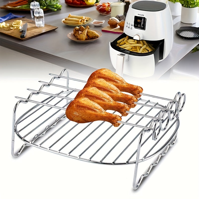 Round stainless steel rack and skewer set for air fryers, compatible with most models and dishwasher safe. Ideal for roasting and grilling.