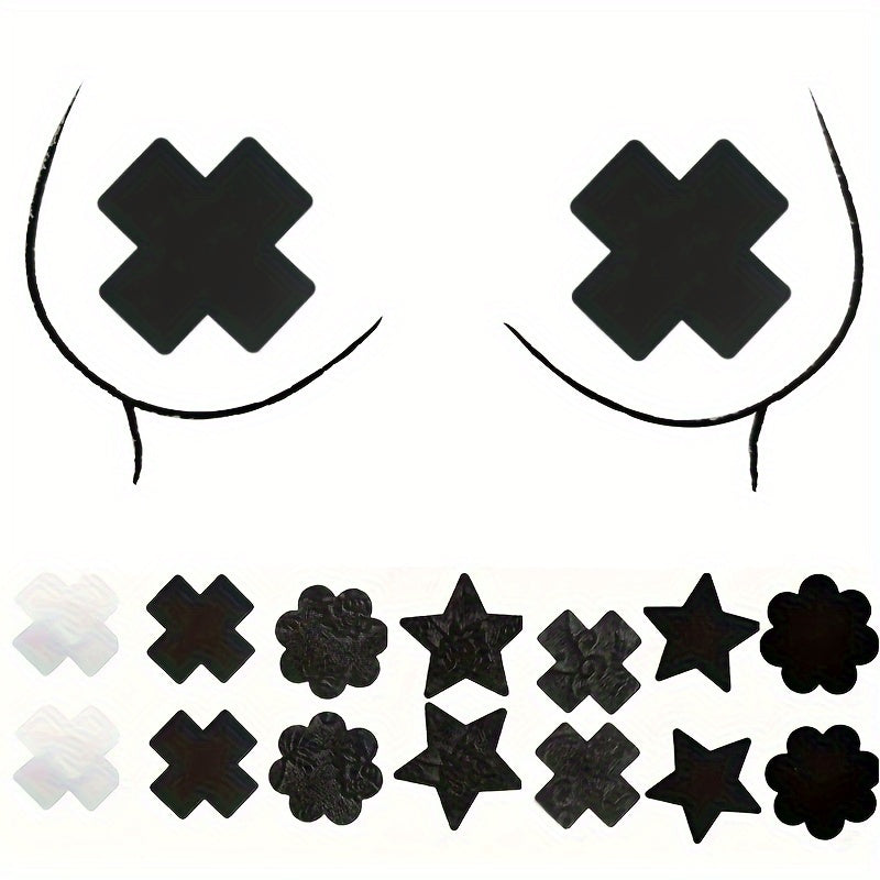 5 pairs of disposable self-adhesive nipple covers with a cross pattern design, ideal for lingerie and underwear.