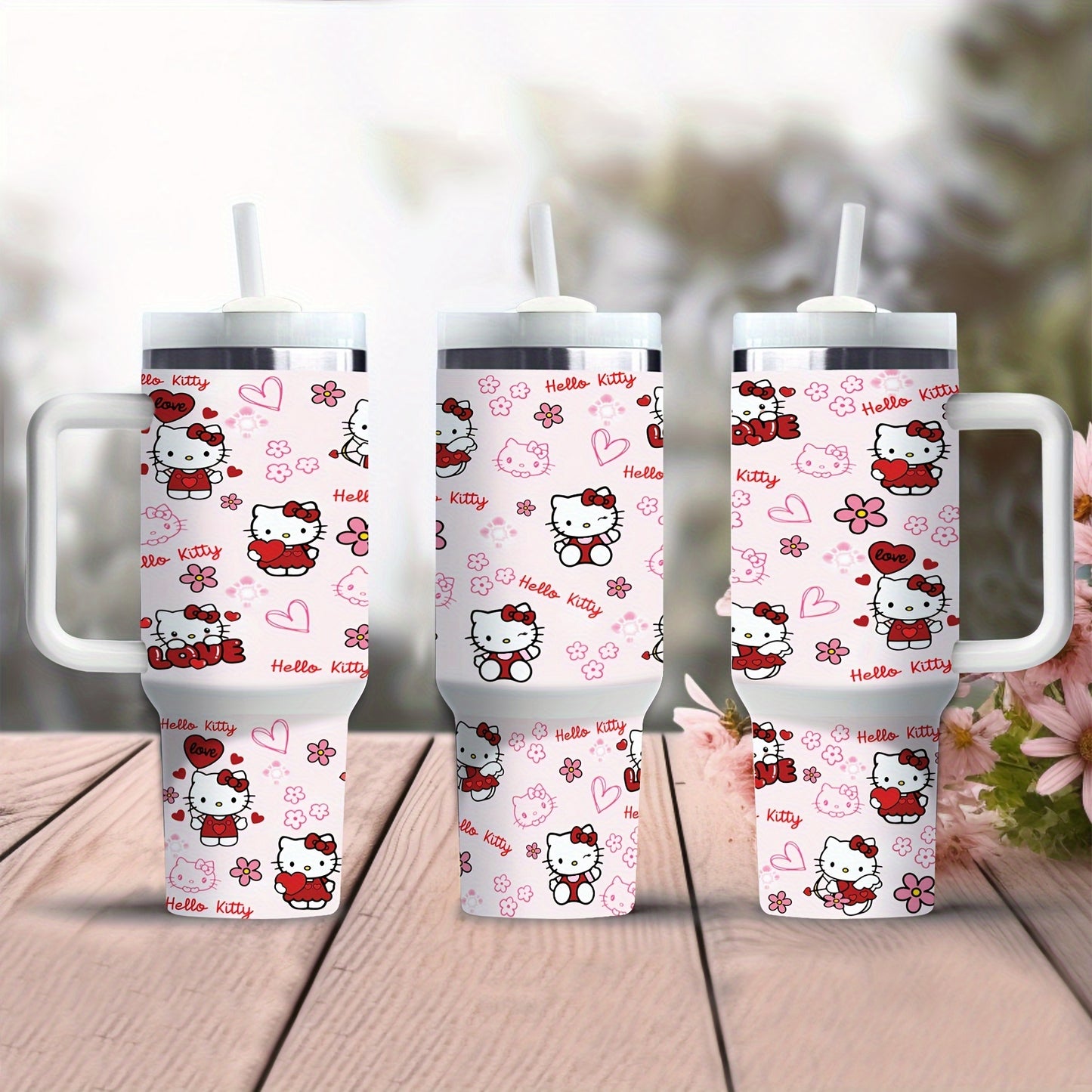 1pc Sanrio Hello Kitty 40oz Stainless Steel Tumbler with Handle, Insulated Travel Mug with Straw, BPA-Free, Hand Wash Only, Round Shape, Christmas Gift for Family and Friends