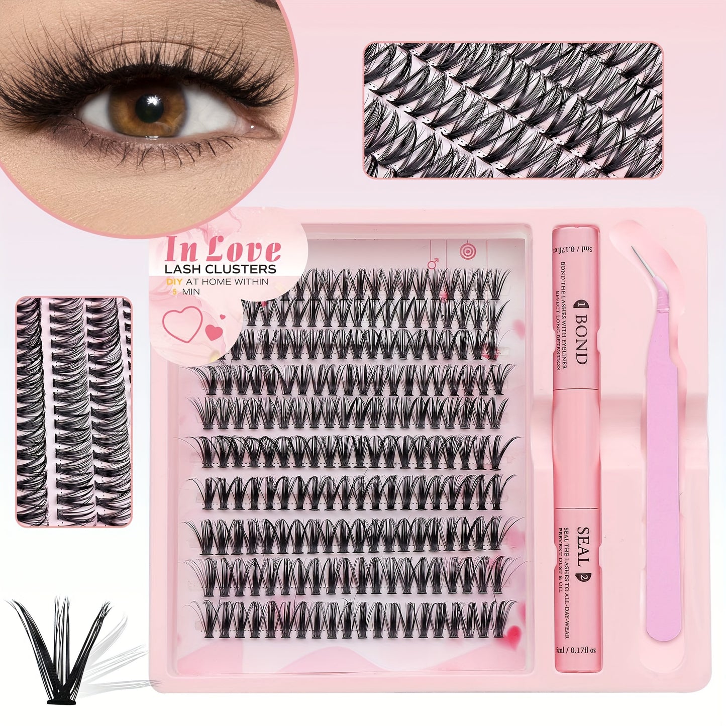 Love In Pink: Large Capacity 10 Row 200 Cluster Eyelash Set with Lash Extender, Tweezers, and Bonding Seal for Double the Makeup Game, featuring Single Clusters with C-Curl, Natural Lash