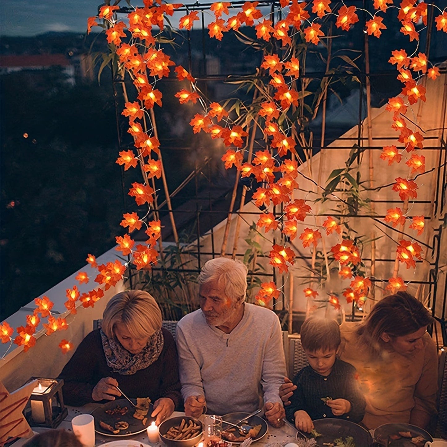 Stargirl rustic autumn maple leaf indoor LED string lights are battery powered for Thanksgiving and Halloween décor, featuring a harvest festival fabric leaf garland. Batteries not included.