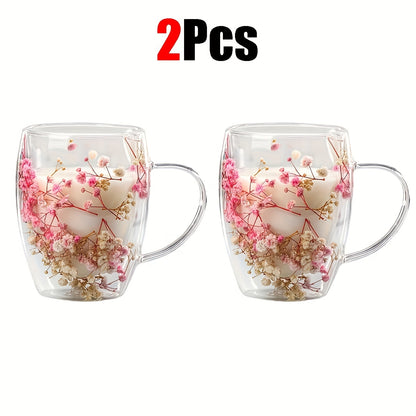 11.830z Double-walled Glass Coffee Cup with Dried Flowers, Insulation, Reusable for Espresso, Iced Coffee, Juice - Hand Wash Only - 2-4-6pcs