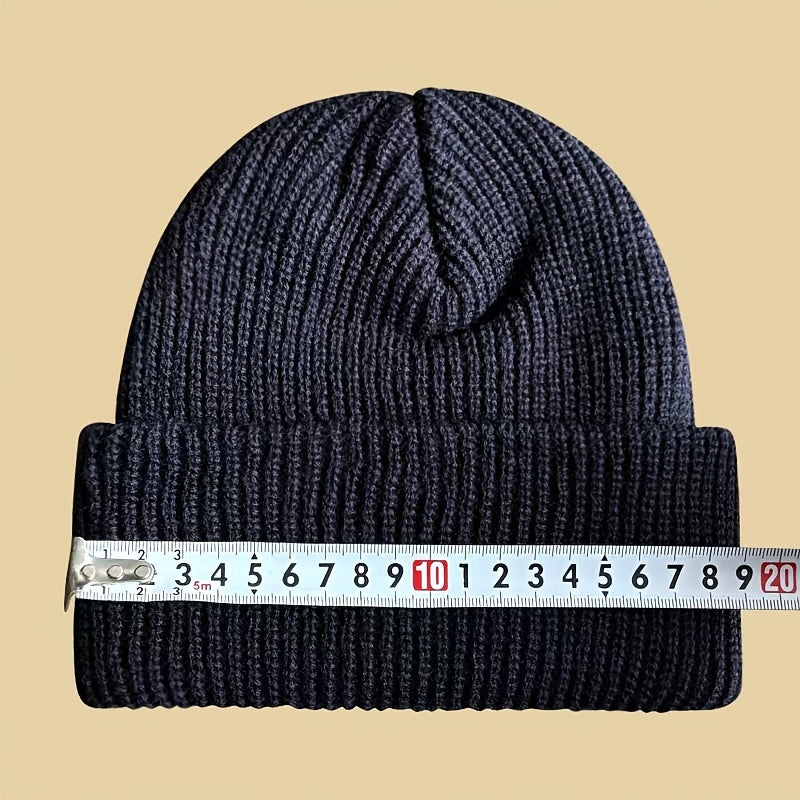 Knitted beanie for men - warm and elastic winter hat with letter patch, perfect for active leisure and holiday gifting, including Valentine's Day.