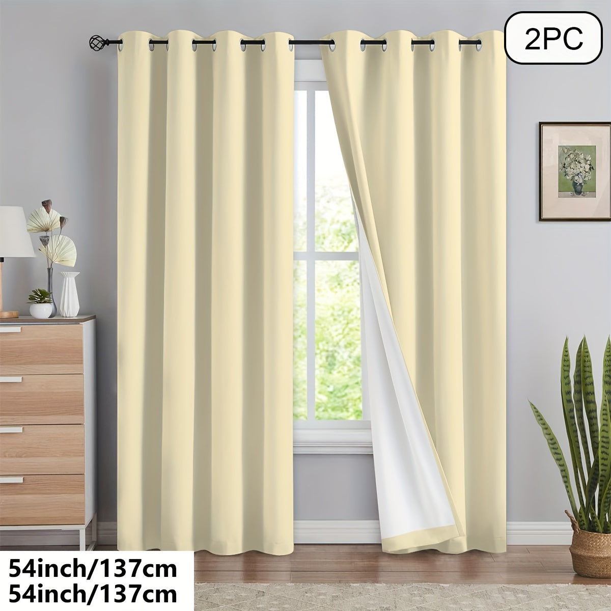 2 blackout curtains for home décor, 100% full blackout with white lining, 54x84 inches, off-white.