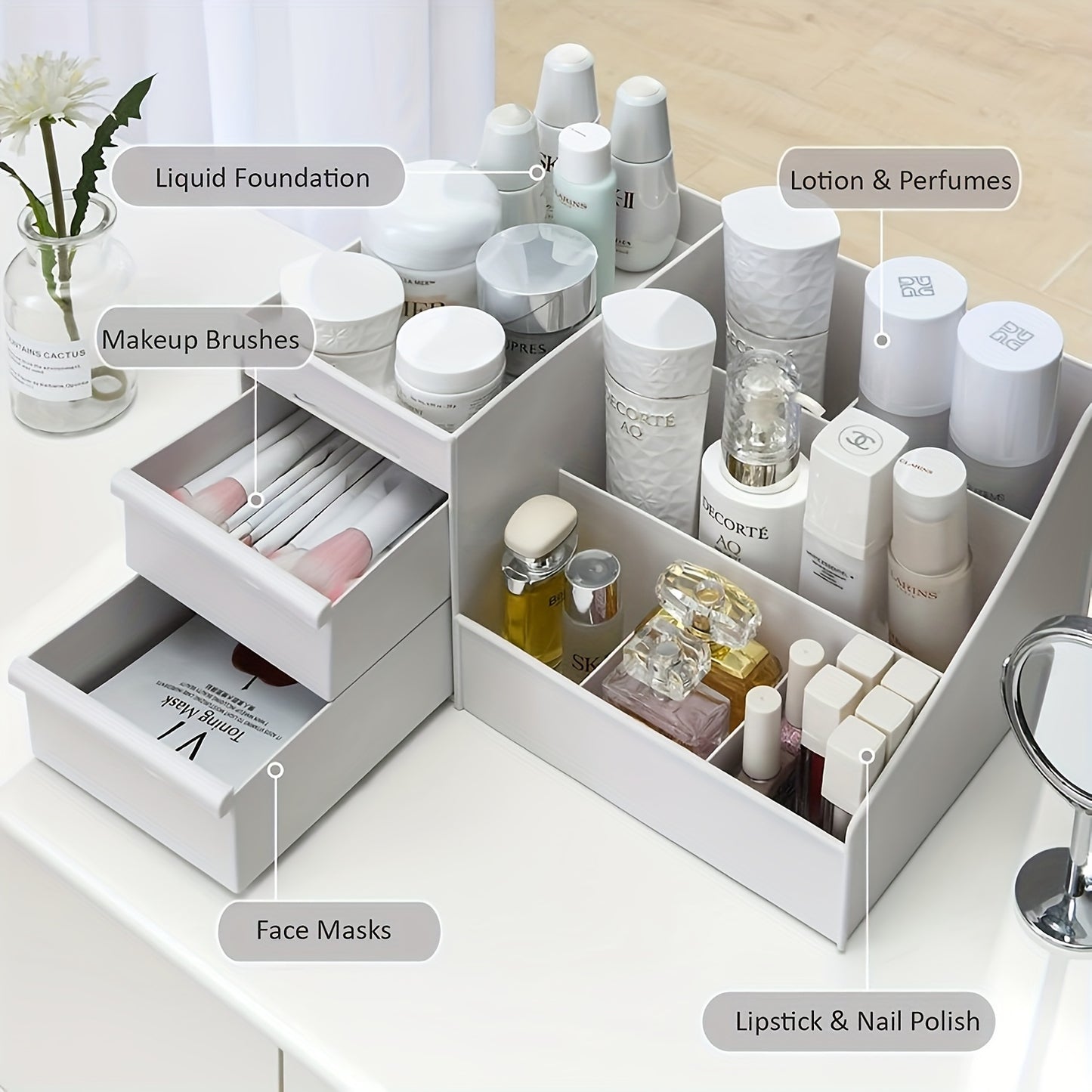 Plastic cosmetic organizer with drawers for makeup storage, lightweight and no electricity required.