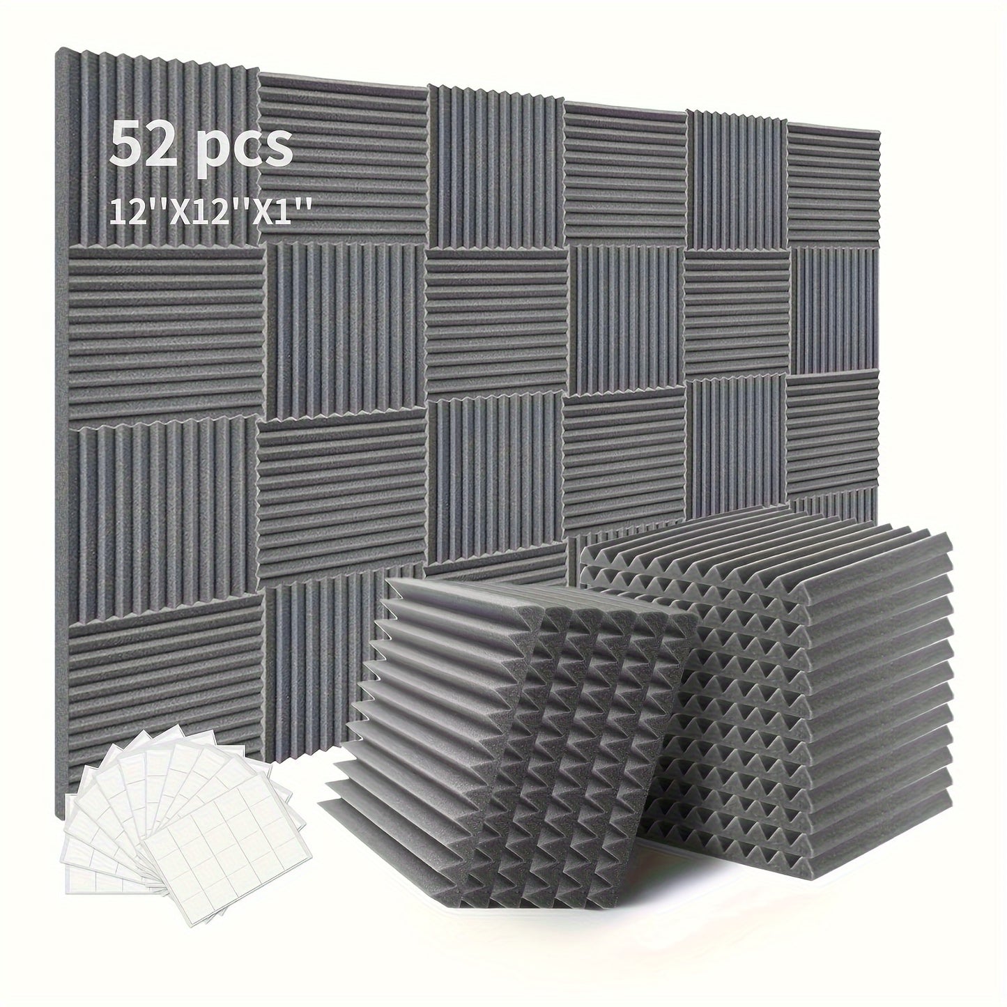 52 acoustic foam panels, 2.54cm X 30.48cm X 30.48cm, fire resistant with double-sided adhesives for soundproofing studio.