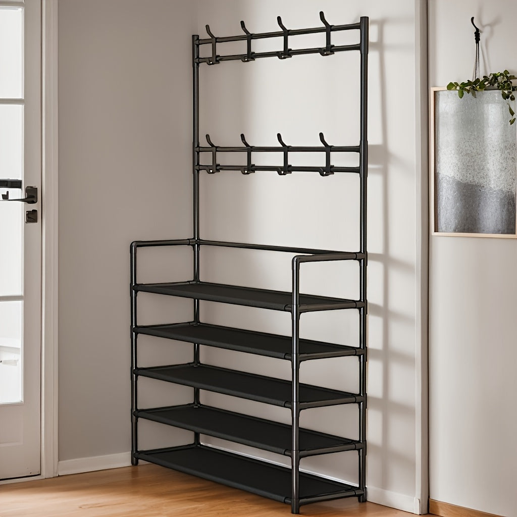 Freestanding Metal and Plastic Shoe Rack with 4/5 Tiers, 8 Hooks, and 2.27 KG Weight Capacity - Black/White Shoe and Clothes Organizer, Easy to Assemble.