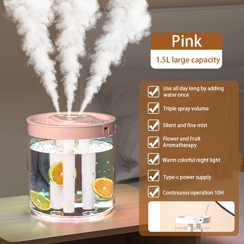 1 compact misting humidifier with 3 outlets, USB-powered, ideal for bedroom or office use, desktop-friendly design.