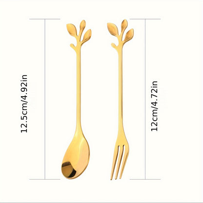 Golden stainless steel spoon set with leaf accents, polished finish, dishwasher safe, ideal for stirring, fruit, appetizers. Perfect for home, parties, weddings, holidays. Elegant and nature-inspired tableware.