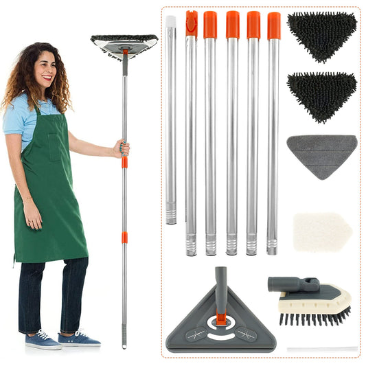 Get the 1pc BUSIZH Wall Cleaner Mop with an extendable 215.9cm handle, a triangle-shaped head, 360° rotation, and adjustable ceiling & wall cleaning capabilities. This tool comes with a baseboard mop, 2 fiber cloth pads, 1 chenille pad, and scraper for