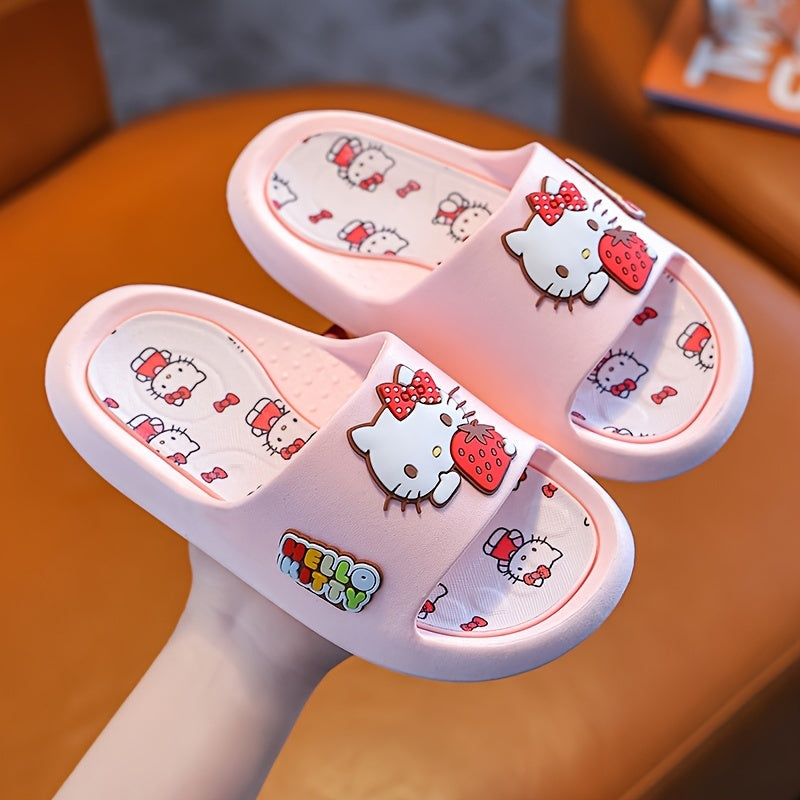 Hello Kitty Girls' Slippers - Pink Non-Slip Indoor Slides with Cartoon Design, PVC Material, Ideal for Spring/Summer.