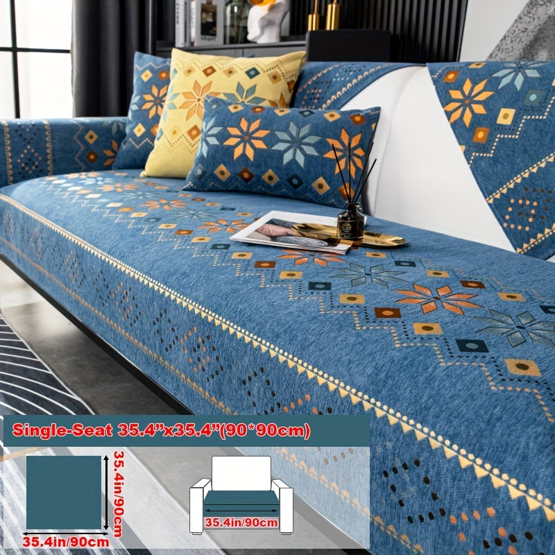 Bohemian four seasons chenille sofa cover with geometric embroidered pattern, offers sofa protection and non-slip feature for home decoration in bedroom, office, and living room.