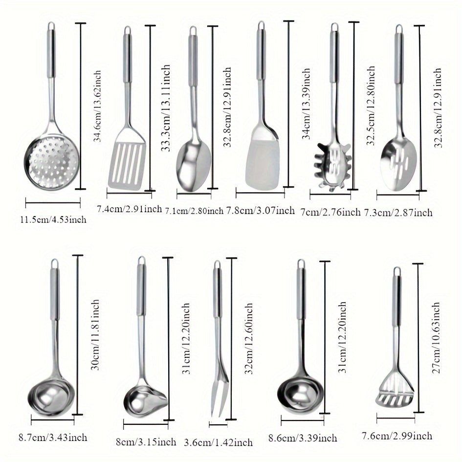 Набор из 11 кухонных принадлежностей из нержавеющей стали - долговечные инструменты для приготовления пищи для использования дома и в ресторанах