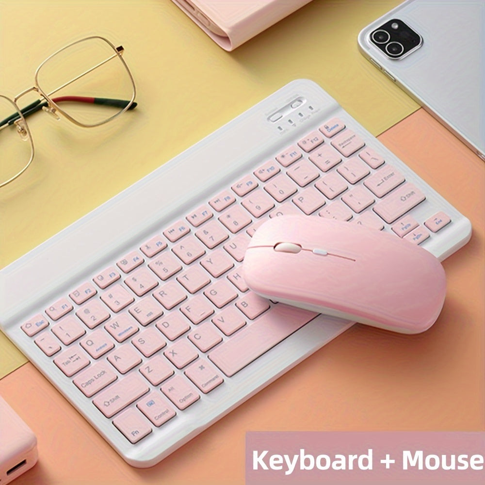 Slim wireless keyboard and mouse set for iPads, tablets, laptops, and office computers.