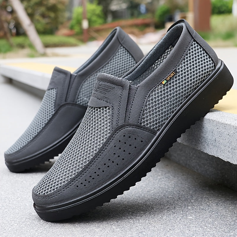 Brown mesh slip-on shoes with rubber sole for outdoor activities, all-season comfort.