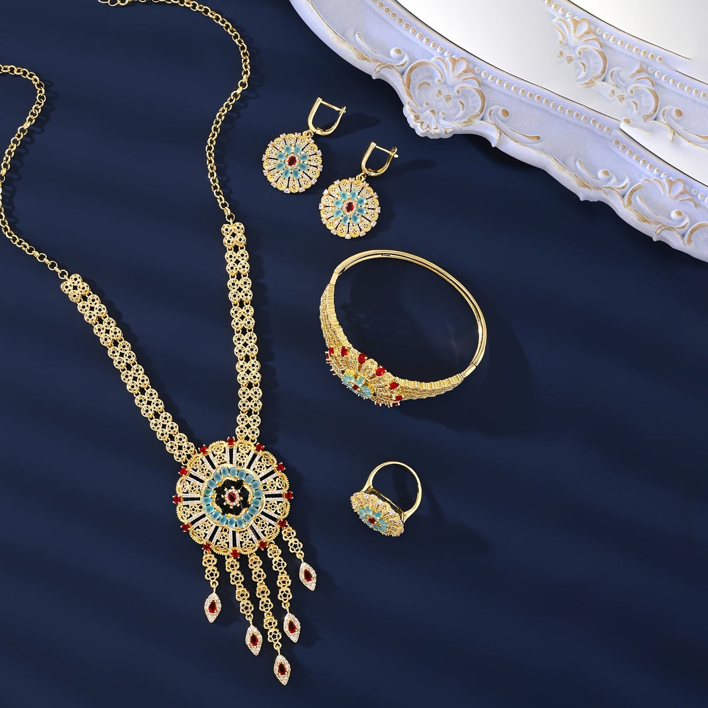 Vintage Arabian Style MEIZ Jewelry Set - Includes Earrings, Necklace, Bracelet, and Ring - 18K Golden Plated with Synthetic Cubic Zirconia and Copper - Perfect for Daily Wear, Holidays, Parties, Carnivals, and All-Season Accessorizing