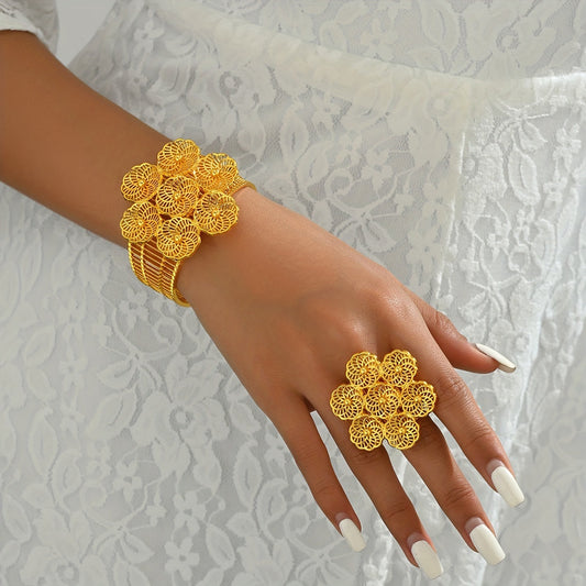 Vintage Luxury Floral Cutout Jewelry Set includes Open Cuff Bracelet and Ring, 18K Golden Plated Alloy, Ideal for Weddings, Banquets, and Ramadan Celebrations, a Timeless and Elegant Accessory set for all seasons