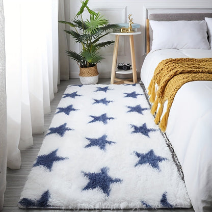 Upgrade your space with a Luxurious Plush Shag Area Mat featuring a stylish star pattern. This soft, fluffy, and non-slip rectangular mat is perfect for the bedroom, living room, or nursery. Easy to care for with machine washable materials, this cozy