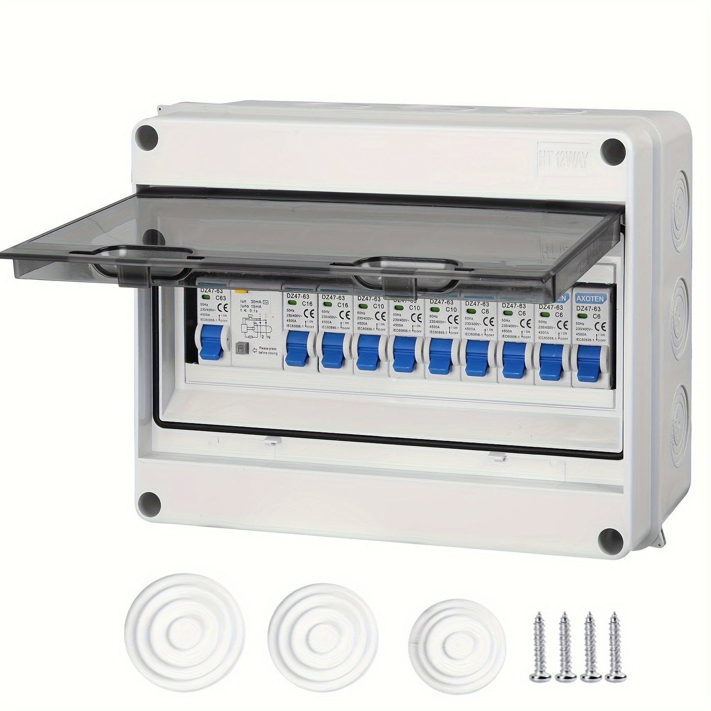 Surface-mounted 5/8/12-circuit micro circuit breaker combination switch box for home/office/shopping center power distribution.