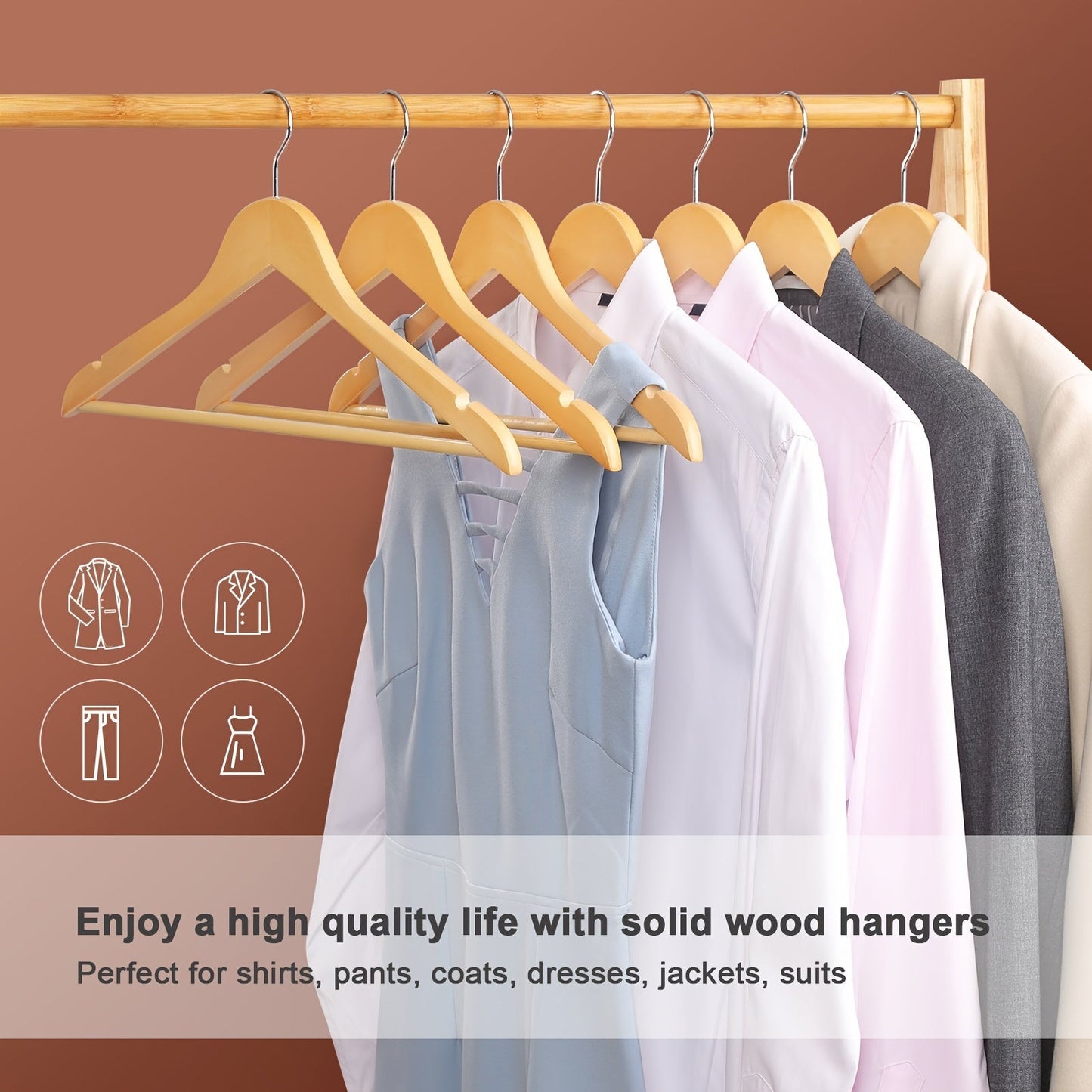 Set of 20 Non-Slip Wooden Clothes Hangers Featuring Grooves, Made from Solid Wood - Ideal Drying Rack for Wardrobes, Bedrooms, and Clothing Stores. These Anti-Deformation Traceless Standard Hangers are designed for Household Space Saving Storage, perfect