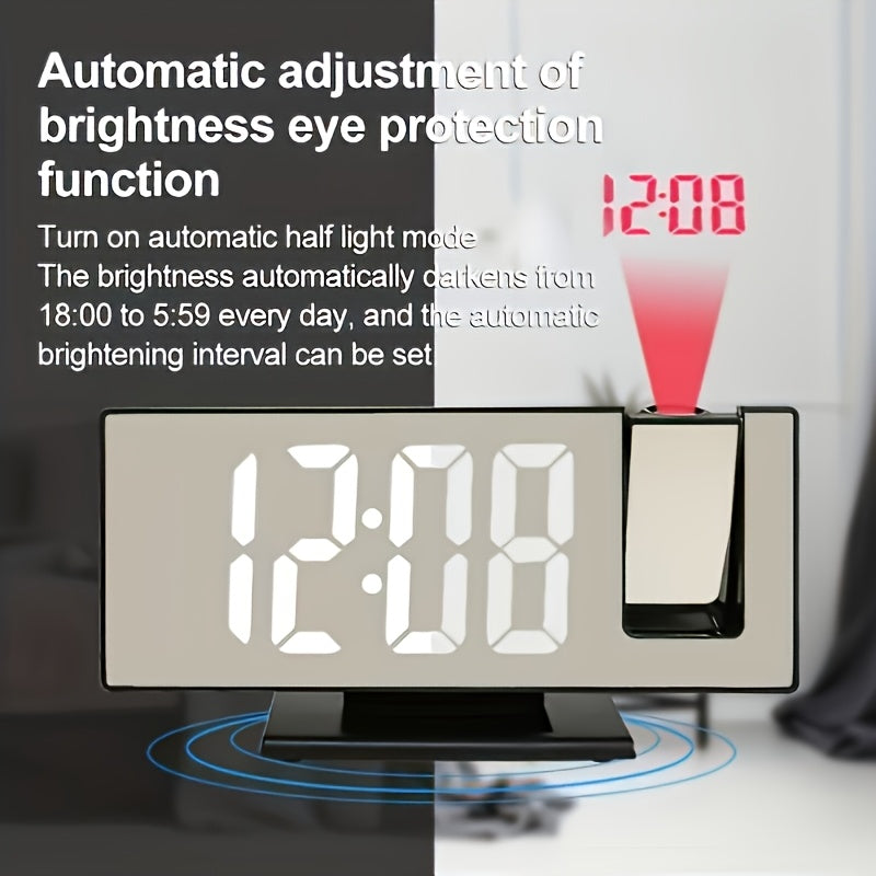 Multifunctional digital alarm clock with mirror projection, temperature display, and calendar function, suitable for home or office décor.