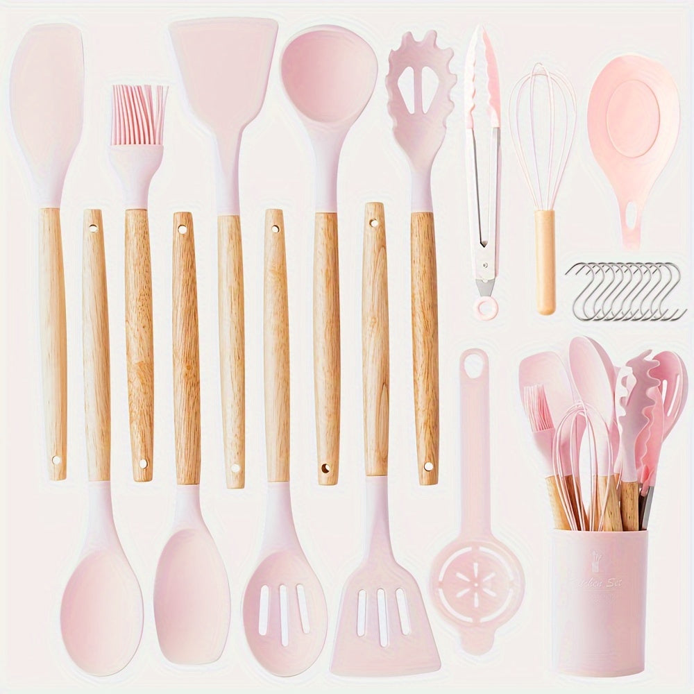 Silicone Kitchen Utensil Set with Wooden Handles - 24 Piece Set for Cooking and Baking