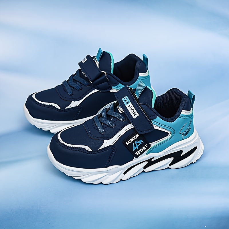 Boys' navy blue and turquoise sneakers with hook-and-loop closure, ideal for school, sports, and casual wear.