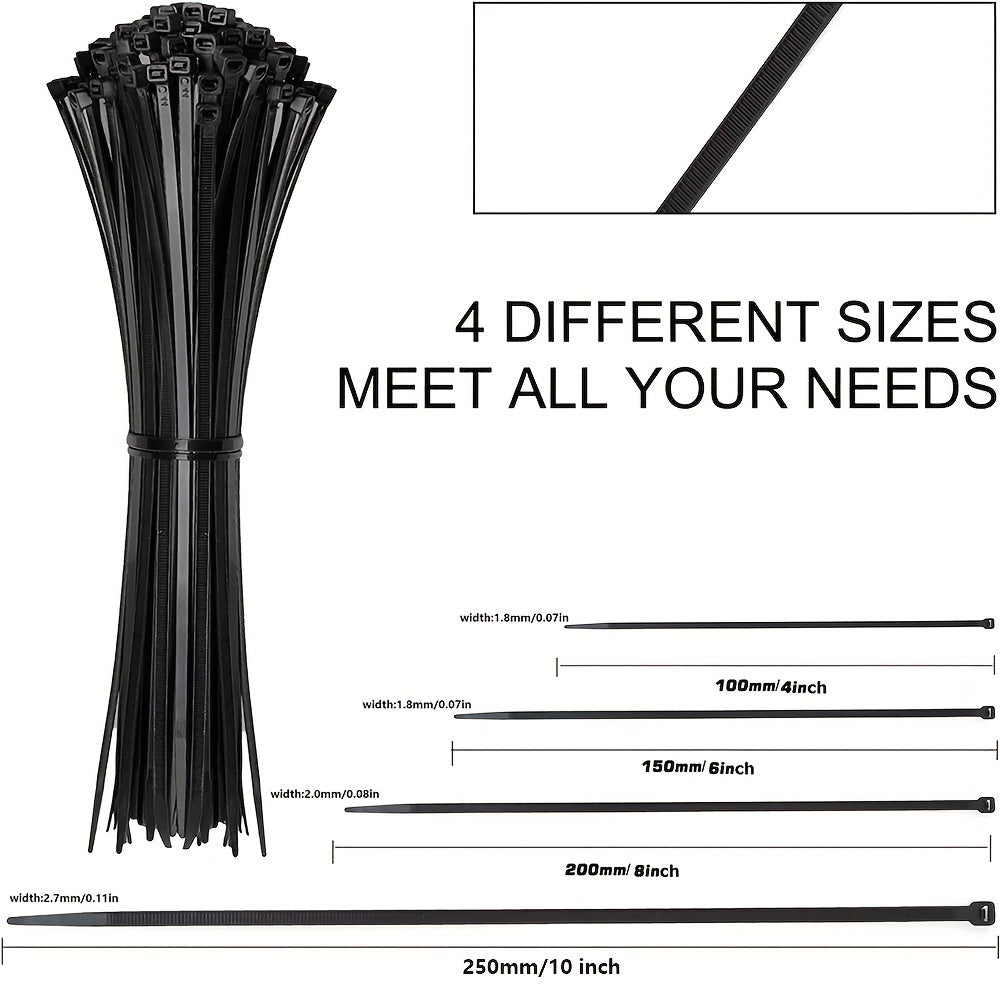 250 Heavy Duty Cable Zip Ties - 10.16-25.4 cm, 22.68 KG Tensile Strength - Self-Locking Black Nylon for Secure Indoor & Outdoor Use