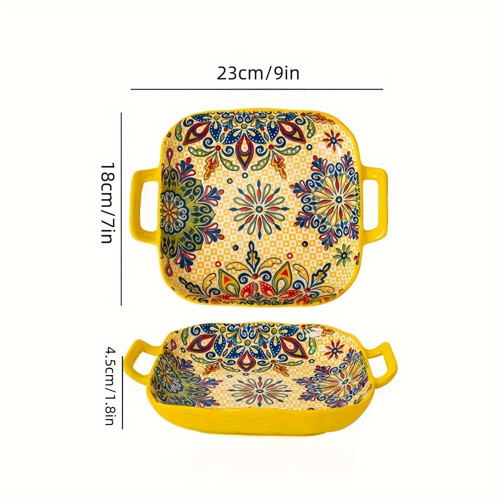 9-inch Bohemian style ceramic salad bowl with handles. Vibrant floral and geometric patterns. Oven and microwave safe. Ideal for baking, serving pasta, or salads. Great for salad serving or as vibrant patterned plates. A versatile addition to your