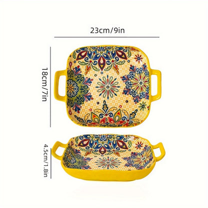 9-inch Bohemian style ceramic salad bowl with handles. Vibrant floral and geometric patterns. Oven and microwave safe. Ideal for baking, serving pasta, or salads. Great for salad serving or as vibrant patterned plates. A versatile addition to your