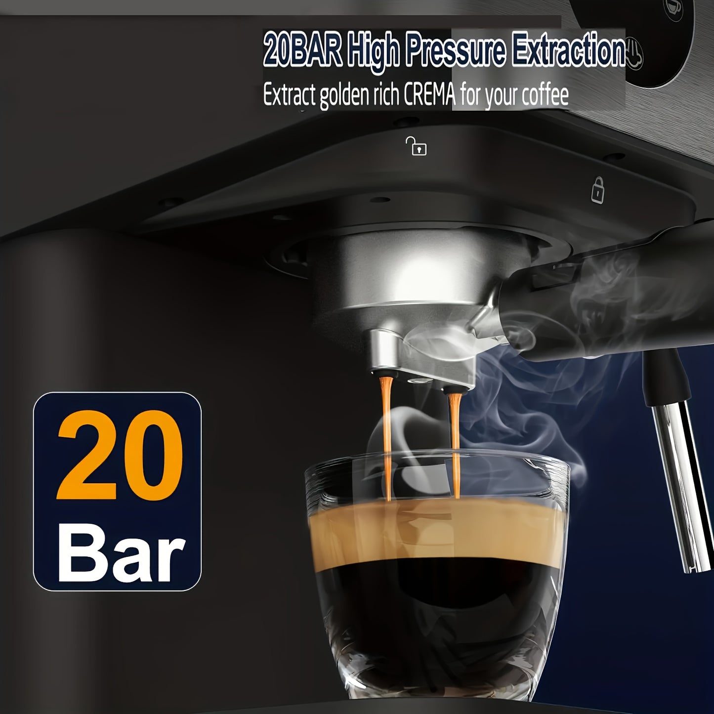 20 Bar Espresso Coffee Machine with Steam Wand, 1.5L Water Tank, Semi-Automatic for Espresso, Latte, and Cappuccino, 1050W, includes FREE Plug Adapter for Winter.