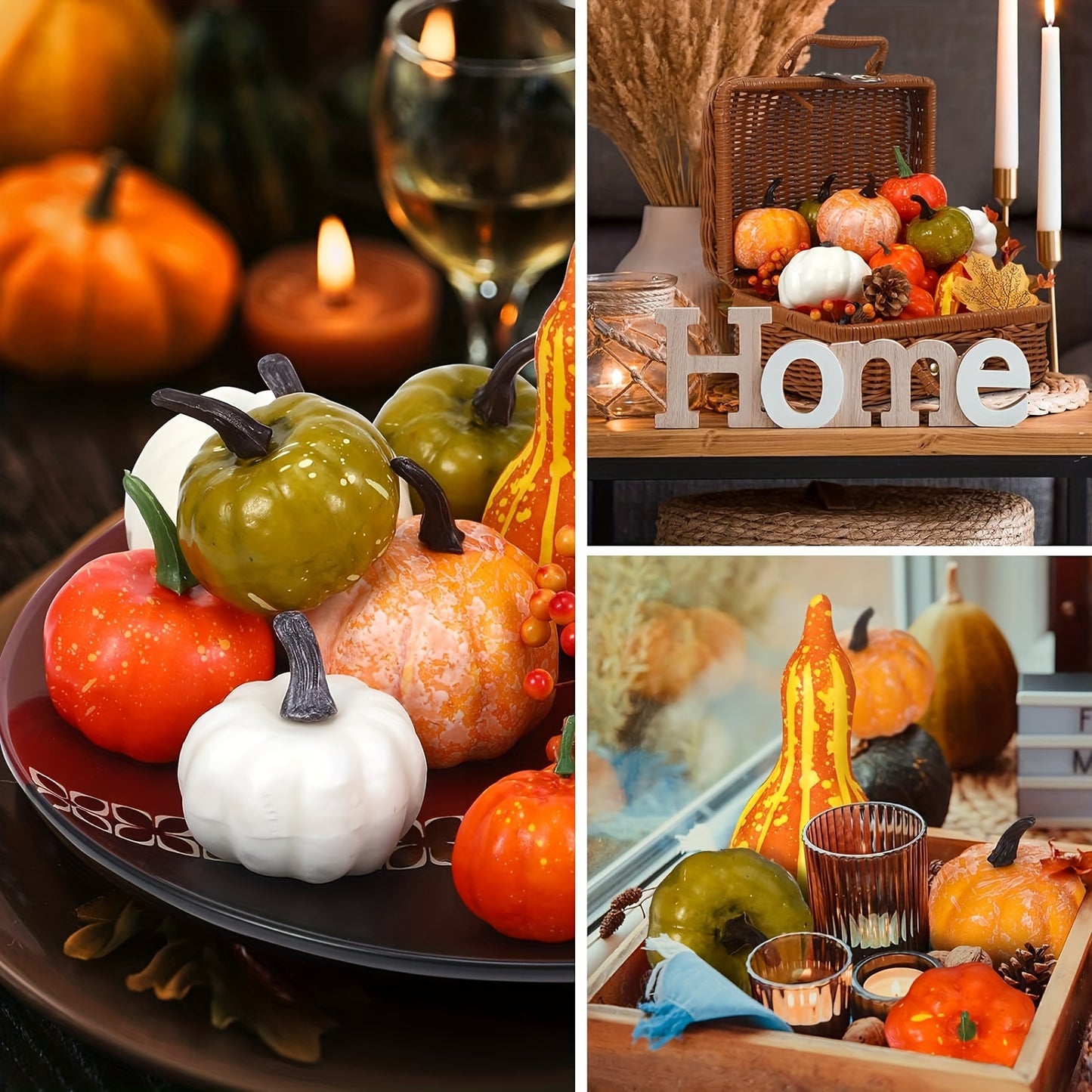 48-piece Autumn Harvest Decor Set featuring artificial pumpkins, gourds, acorns, maple leaves, and pinecones for Thanksgiving, Halloween, and wedding accents. Perfect for fall home decor.