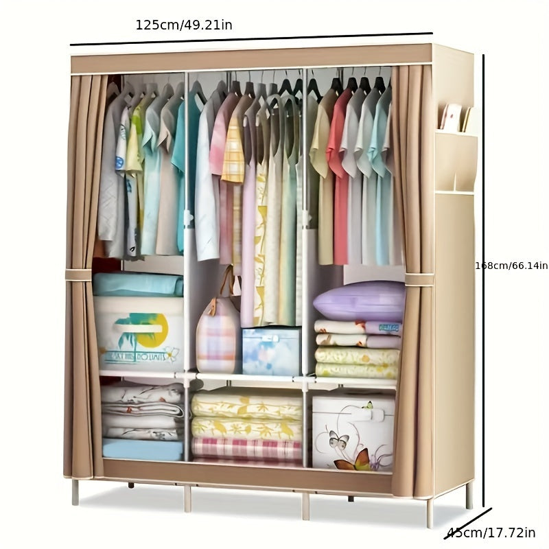 Metal Fabric Wardrobe Organizer with Clothing Storage Rack, Easy Assembly Closet System for Shirts, Clothes, and Quilts. Versatile storage solution for home, dorm, or bedroom. Requires no power, weather-resistant, and weighs under 13.61KG with a height