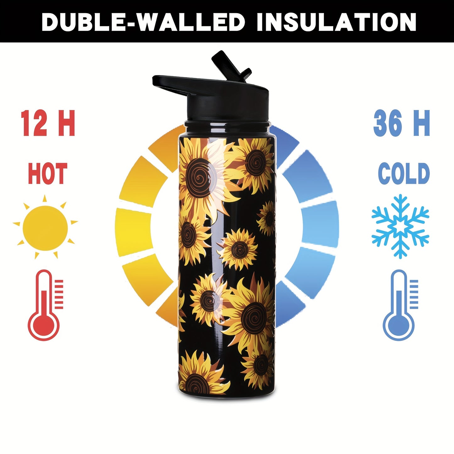 Sunflower Sports Water Bottle: 24oz stainless steel vacuum cup with 4 lids, straw, brush. Portable thermal bottle for camping, hiking, fitness. Perfect summer drinkware and travel accessory. Ideal for birthday gifts.