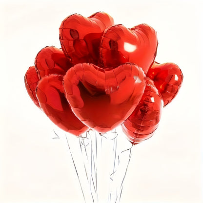 10 heart-shaped foil balloons for Valentine's Day, birthdays, weddings, anniversaries, themed events, engagements, and parties.