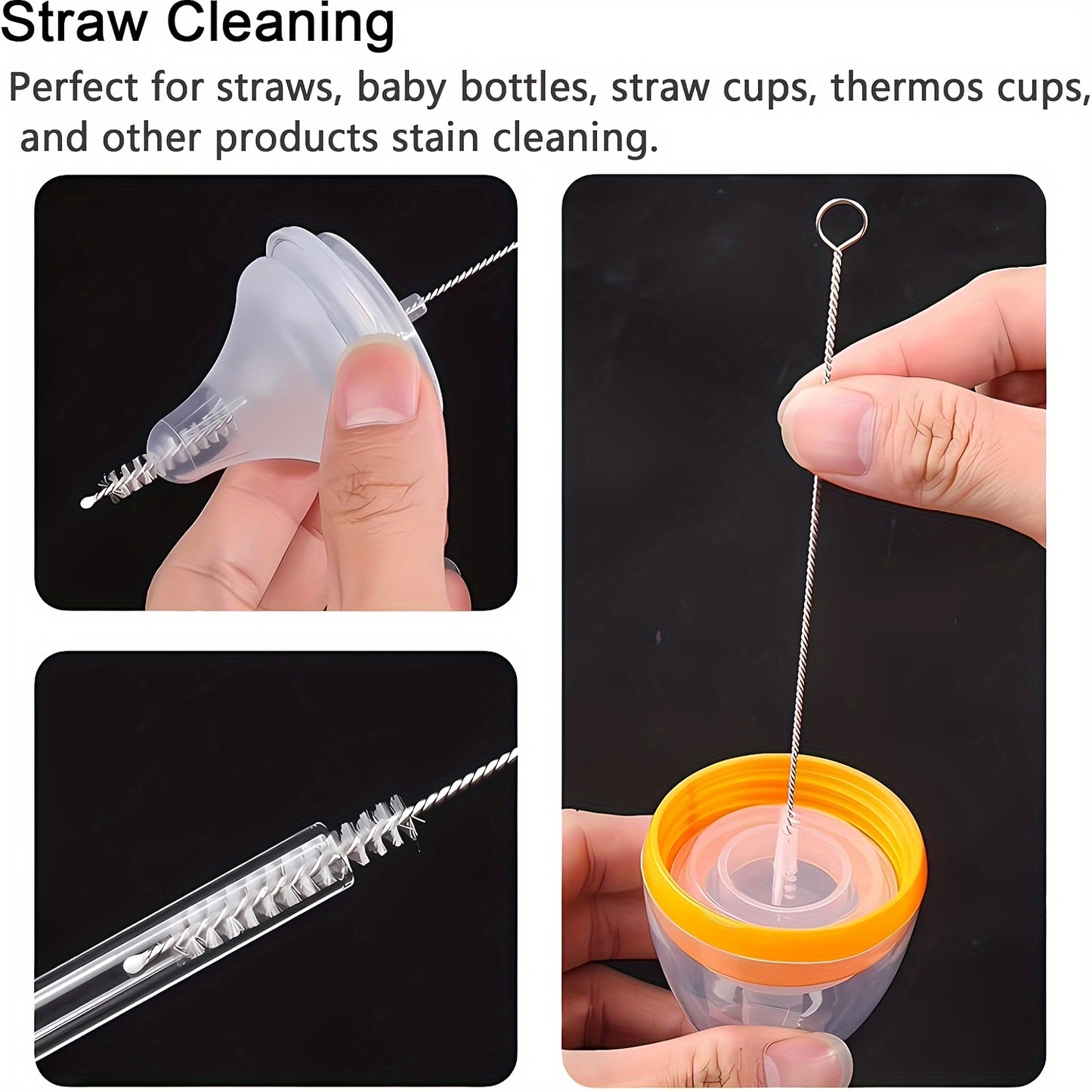 10 stainless steel handle soft bristle straw brushes for cleaning various items such as teapots, cups, and test tubes.