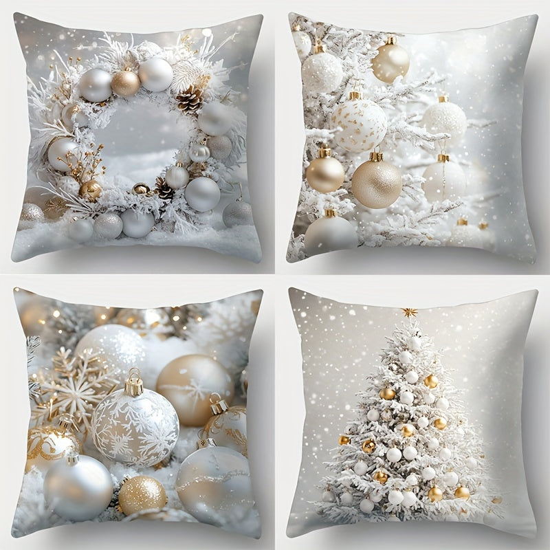 4-Pack Christmas throw cushion covers featuring festive wreath and tree prints on soft polyester fabric with zipper closure. Decorative woven pillowcases for living room, washer safe, size 44.96 cm.