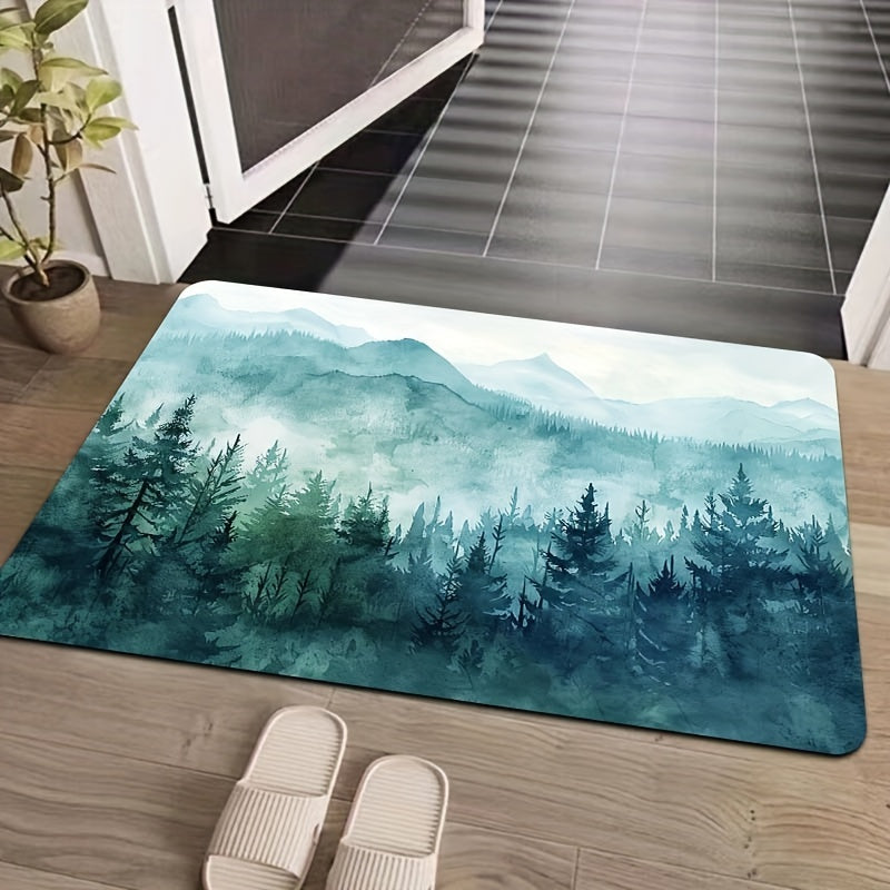 Forest Big Mountain Pattern Bathroom Carpet with Foam Cushion and Skid-Proof Bottom for Kitchen, Living Room, Bedroom, and Indoor Spaces. Machine Washable Entrance Doormat for Home Decor.