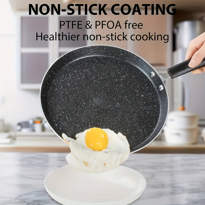 Stainless steel crepe pan with wooden spatula, non-stick granite coating, 26.67 cm, lightweight, rust resistant, induction compatible.