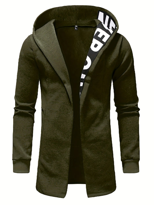 Men's hooded cardigan sweater jacket, made of 95% polyester and 5% elastane with slight stretch knit fabric in a solid color. Regular fit for spring/fall, weighing 220g/m².