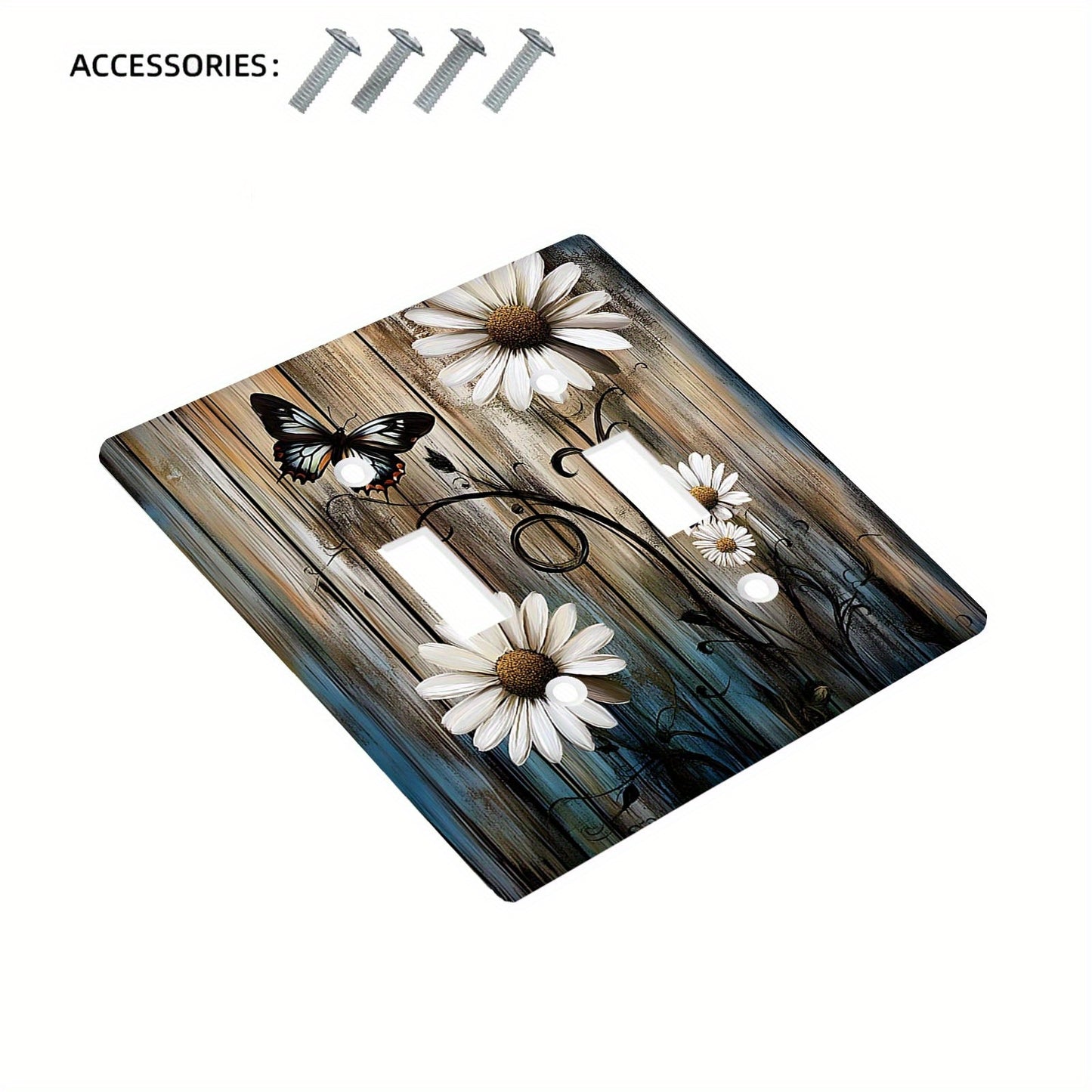 Rustic Farmhouse Daisy and Butterfly wallplate for light switch, suitable for indoor/outdoor use in kitchen, bedroom, or cafe. Does not require electricity or batteries. Available in 1Gang or 2Gang.