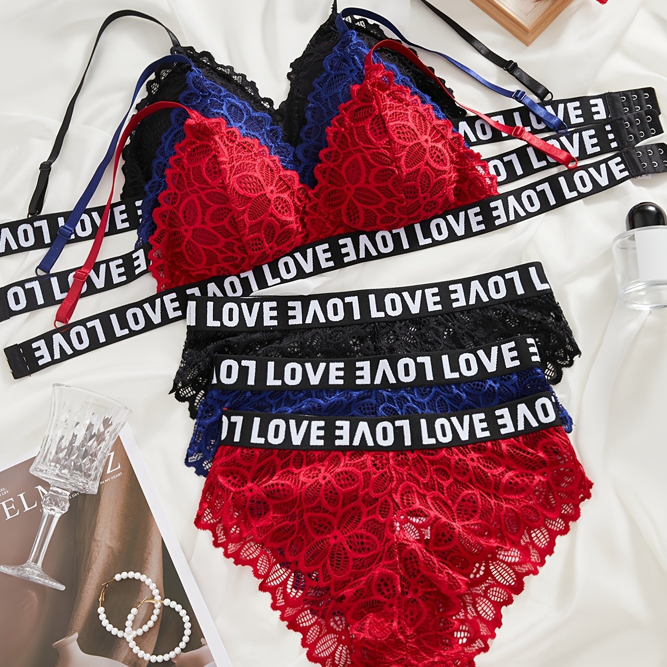 Valentine's Day lingerie set with lace details for women, including bra and panties in contrasting colors.