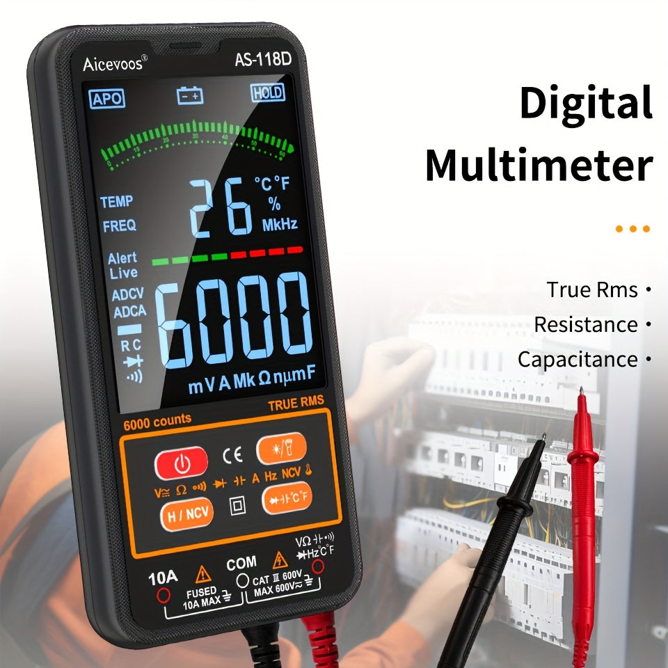 Smart digital multimeter auto-ranges to measure voltage, current, capacitance, resistance, continuity, duty-cycle, temperature, and frequency.