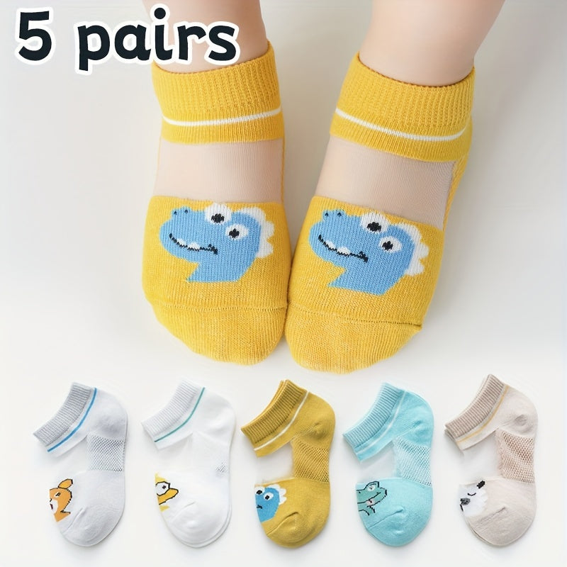 5 pairs of boys' trendy animal pattern ankle socks, comfy and breathable for outdoor activities