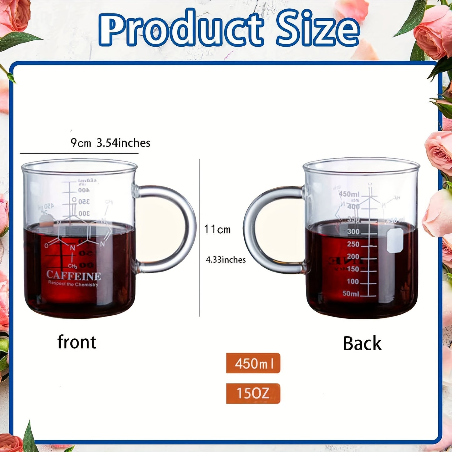 16 oz insulated glass coffee mug with handle and measuring markings, suitable for hot and cold beverages. Hand wash only.