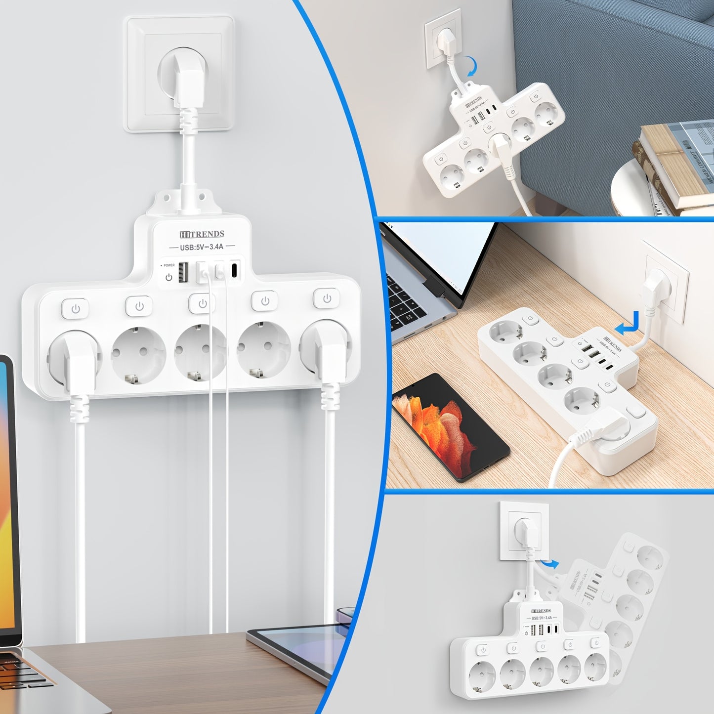 9in1 Power Strip with 5 AC Outlets, 4 USB Ports (2 TYPE-C), Independent Switch, Wall Mount for Home and Office.