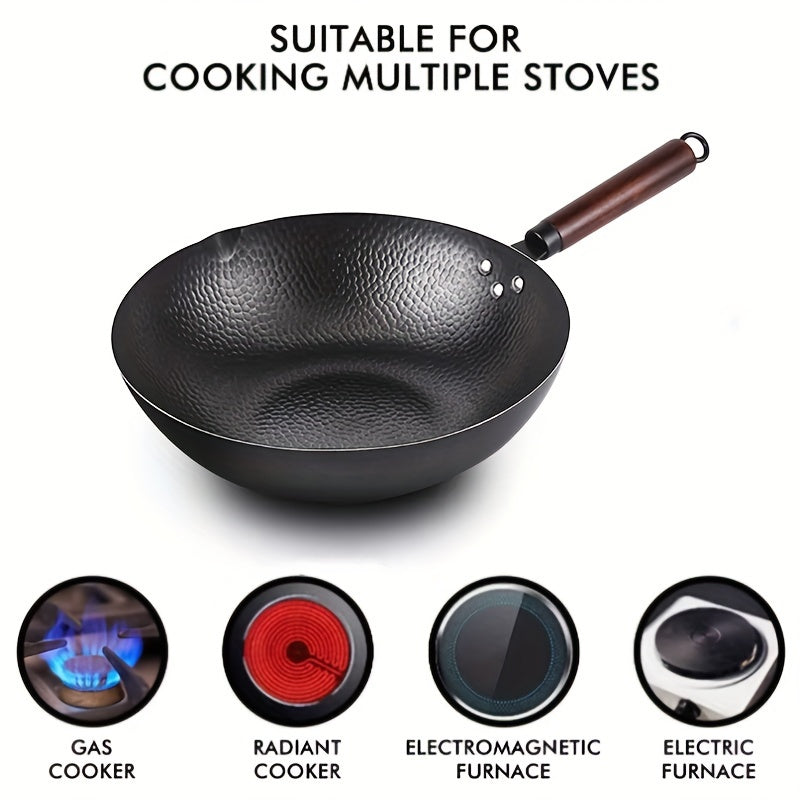 Handcrafted Iron Stir-fry Pot – Flat Bottomed and Uncoated for Induction, Electric, Gas, and Halogen Stoves – Non-Stick, Sturdy, Versatile 12/13 Inches Kitchen Tool