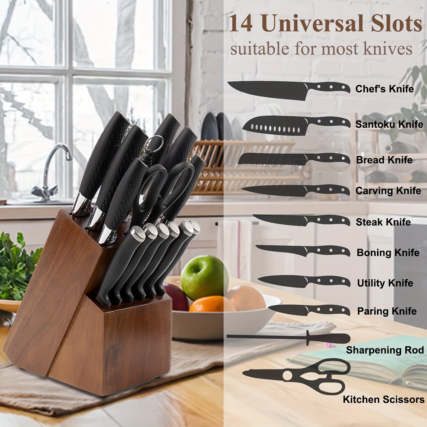 Large Wood Bamboo Universal Knife Block Holder - Organize Your Kitchen with this 14 Slot Butcher Block Knife Storage Organizer for Countertop Storage (Knives Not Included)