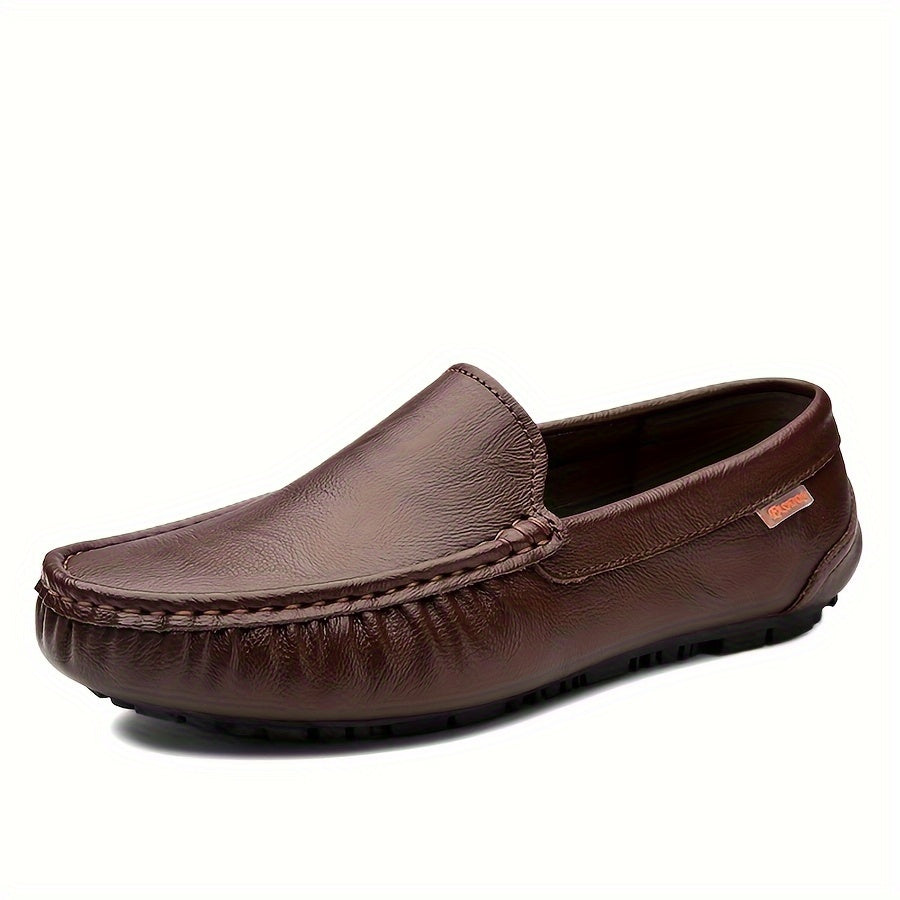 Genuine leather loafers for men with casual slip-on style, square toe, rubber sole, comfortable PU insole, suitable for all seasons.