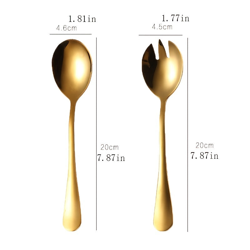 Set of 2 gold-plated stainless steel salad utensils for various dishes.